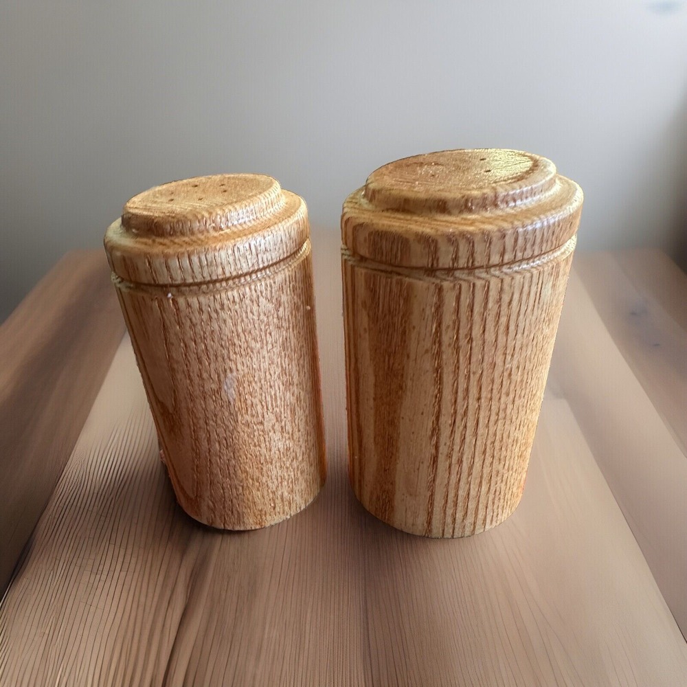 Vintage MCM 1970's Oak Wood Salt & Pepper Shakers 4 Inches Tall